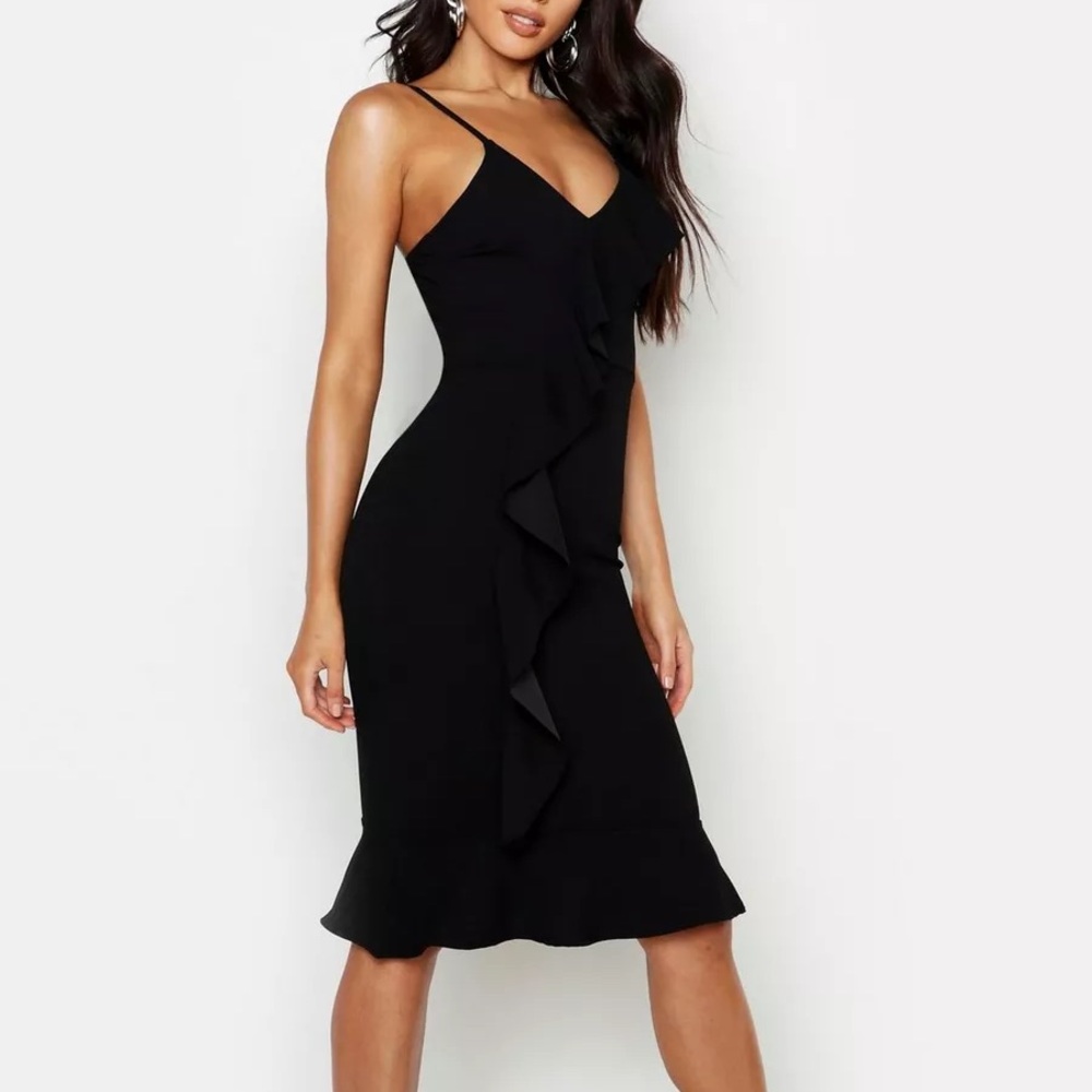BOOHOO | V-Neck Ruffle Bodycon Midi Dress 4 - Picture 2 of 6